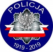 Logo z okazji 100 rocznicy powstania Policji; na logo, na niebieskim tle, znajduje się napis POLICJA, wizerunek orła na tle odznaki policyjnej przepasane biało-czerwoną szarfą, daty 1919-2019.