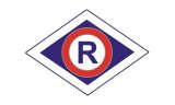 Symbol ruchu drogowego - litera R na białym tle w czerwonej obwódce, znak ten jest umieszczony na niebieskim tle z obwódką białego rombu.