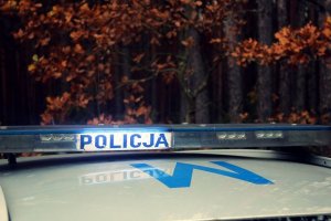 Napis POLICJA na radiowozie policyjnym na tle drzew