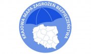 Zarys mapy Polski z parasolem i napisem KRAJOWA MAPA ZAGROŻEŃ BEZPIECZEŃSTWA.