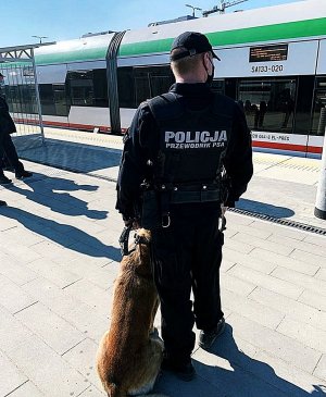 Policjant w mundurze z policyjnym psem stoją przy torach, na torach stoi pociąg.