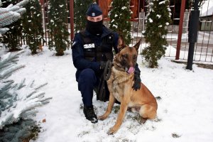 Policjant i pies policyjny. stoją na sniegu.