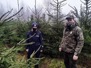 Policjantka z przedstawicielem Straży Leśnej stoją pomiędzy drzewami