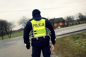 Policjant stoi przy drodze