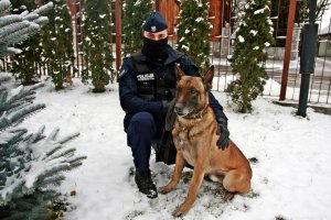 Policjant i pies policyjny stoja na śniegu.