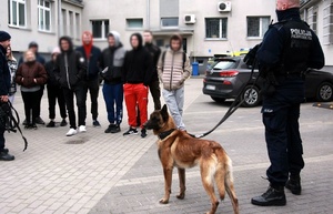 Osoby i policyjny pies stoja na placu komendy.