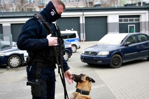 Policjant i policyjny pies stoja na placu komendy.