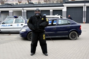 Na placu komendy stoi osoba, stoja samochody.